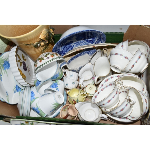 689 - FOUR BOXES OF ASSORTED CERAMICS, to include Dakin, Crescent and Aynsley tea wares, Palmyra dishes wi... 