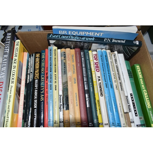 690 - TWO BOXES OF BOOKS RELATED TO STEAM LOCOMOTIVES AND RAILWAYS, most published by Ian Allan