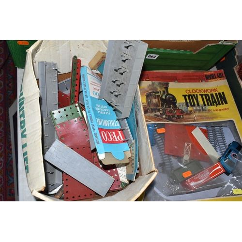 693 - TWO BOXES AND LOOSE VINTAGE TOYS AND BOOKS ETC, to include two Hornby transformers - one with Bakeli... 