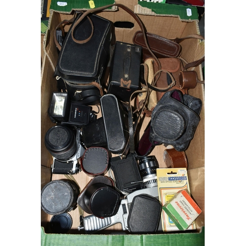 696 - TWO BOXES OF PHOTOGRAPHIC EQUIPMENT ETC, to include a Pentax ME super camera body, Pentax automatic ... 