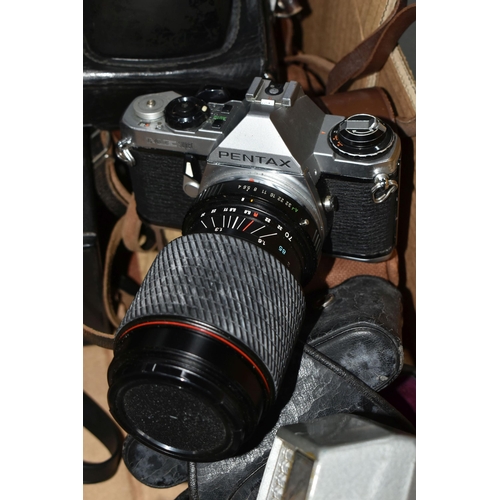 696 - TWO BOXES OF PHOTOGRAPHIC EQUIPMENT ETC, to include a Pentax ME super camera body, Pentax automatic ... 