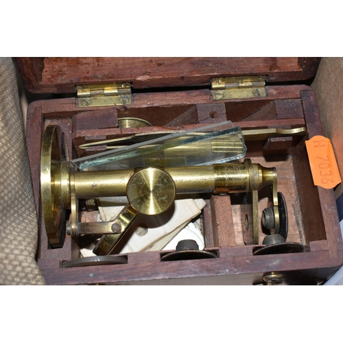 698 - A BOX AND LOOSE OPTICAL INSTRUMENTS ETC, to include a brass pocket microscope with wooden box, Kodak... 