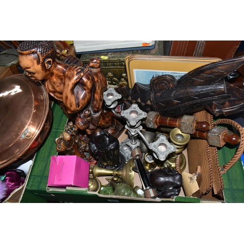 701 - THREE BOXES AND LOOSE ASSORTED SUNDRY ITEMS ETC, to include a copper warming pan, brass and pewter c... 