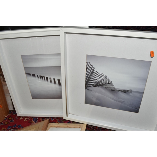 709 - A QUANTITY OF DECORATIVE PRINTS ETC, to include three Ikea Ribba picture frames with coastal prints,... 