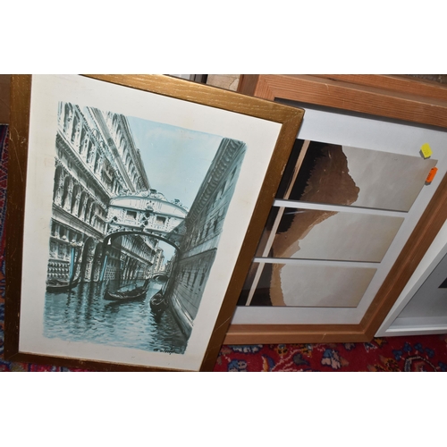 709 - A QUANTITY OF DECORATIVE PRINTS ETC, to include three Ikea Ribba picture frames with coastal prints,... 