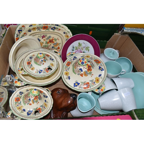 711 - TWO BOXES AND LOOSE CERAMICS AND GLASS WARES, to include Masons 'Bible' pattern dinnerware: two ture... 