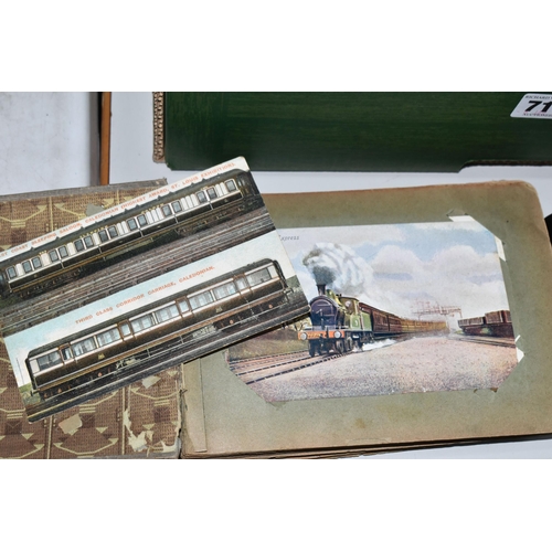 717 - ONE BOX OF SUNDRIES, to include a postcard album containing fifty three vintage postcards of steam e... 