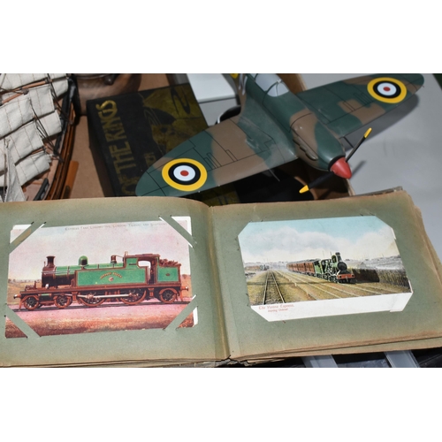 717 - ONE BOX OF SUNDRIES, to include a postcard album containing fifty three vintage postcards of steam e... 