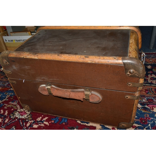 718 - A LARGE VINTAGE STEAMER/TRAVEL TRUNK, early 20th century, wooden banded, green and white striped int... 