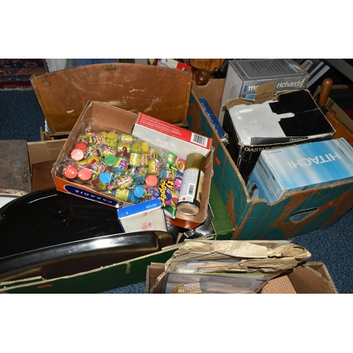 719 - SIX BOXES OF POSTCARDS, TREEN, TOYS AND SUNDRY HOMEWARES, to include over one hundred and fifty twen... 