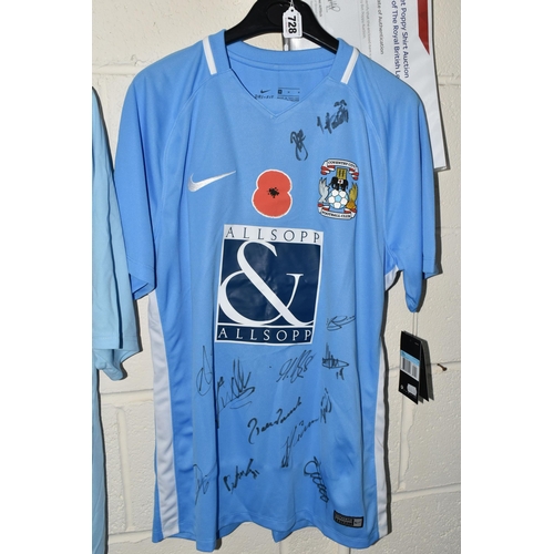 728 - FOUR SIGNED COVENTRY CITY REPLICA HOME FOOTBALL SHIRTS, all date from the 21st Century and are signe... 