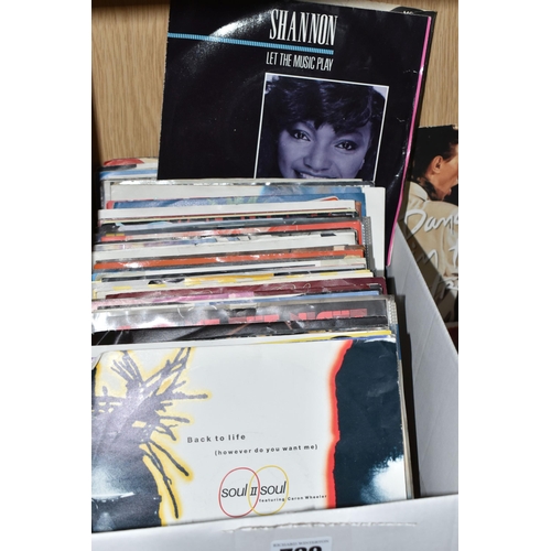 729 - A BOX OF RECORDS, approximately ninety singles - most with picture sleeves, to include David Bowie a... 