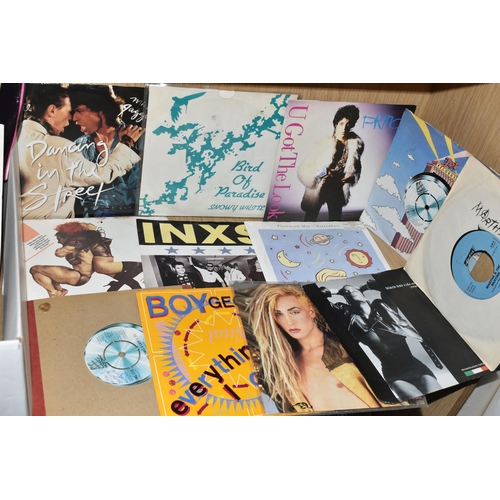 729 - A BOX OF RECORDS, approximately ninety singles - most with picture sleeves, to include David Bowie a... 