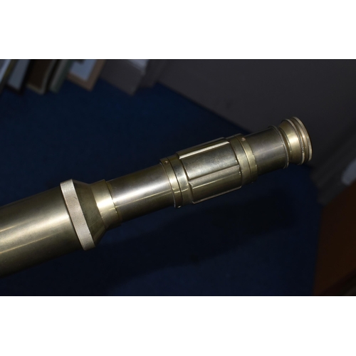 730 - A BRASS NAUTICALIA TELESCOPE WITH WOOD AND BRASS TRIPOD, approximate minimum length 95cm, 45mm objec... 