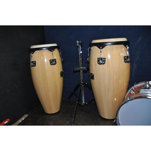 1110 - A COLLECTION OF PERCUSSION INSTRUMENTS including a pair of congos with stand, a pair of Diamond UK b... 