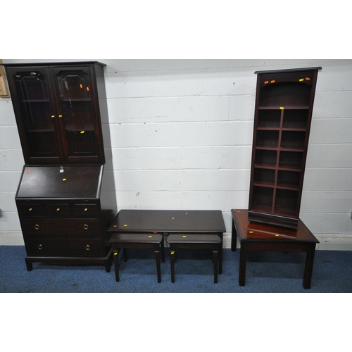 1204 - A STAG MINSTREL BUREAU BOOKCASE, the top with two glazed doors, enclosing two adjustable shelves, th... 