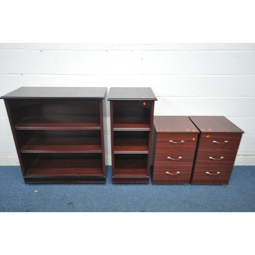 1205 - A SELECTION OF MAHOGANY EFFECT FURNIUTRE, to include two sized open bookcases, largest width 88cm x ... 