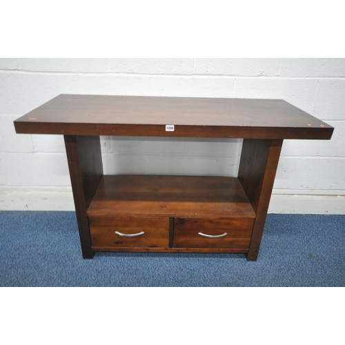 1208 - A MODERN STAINED HARDWOOD EFFECT SIDE TABLE, with two drawers, width 120cm x depth 52cm x height 76c... 