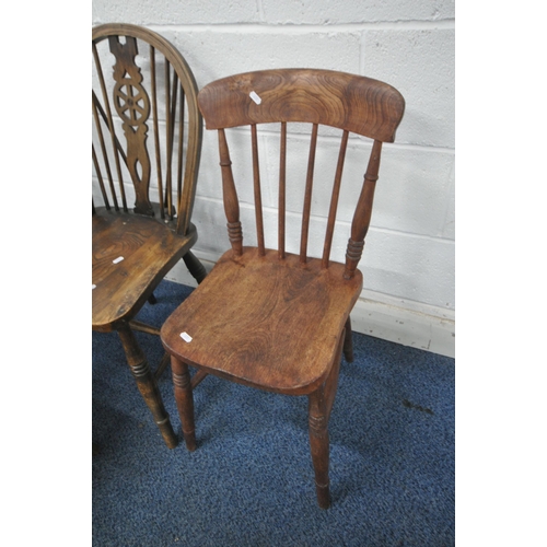 1212 - A SET OF SIX ELM SEATED WHEEL BACK CHAIRS, including one carver, along with another chair (condition... 