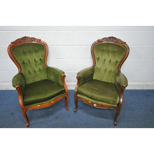 1214 - TWO REPRODUCTION VICTORIAN STYLE ARMCHAIRS, with foliate crest, button back, on front cabriole legs ... 