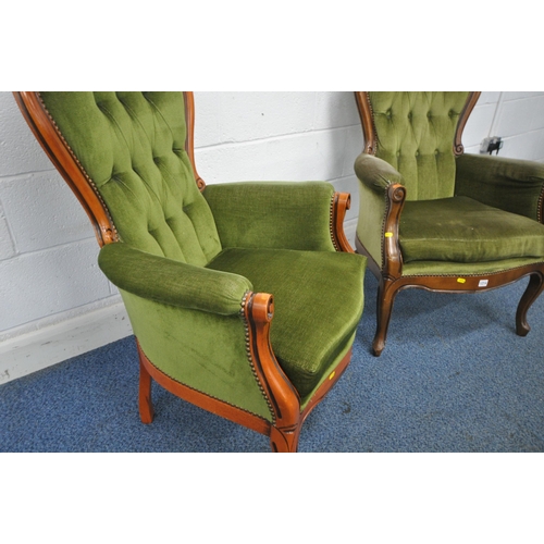 1214 - TWO REPRODUCTION VICTORIAN STYLE ARMCHAIRS, with foliate crest, button back, on front cabriole legs ... 