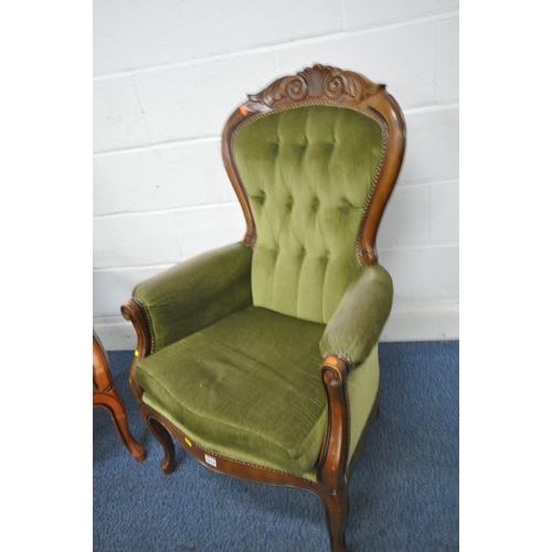 1214 - TWO REPRODUCTION VICTORIAN STYLE ARMCHAIRS, with foliate crest, button back, on front cabriole legs ... 