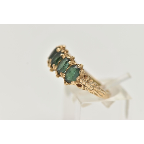 14 - A 9CT GOLD FIVE STONE RING, set with five oval cut green tourmaline, each claw set, applied bead wor... 