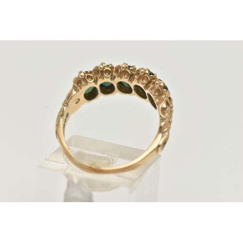 14 - A 9CT GOLD FIVE STONE RING, set with five oval cut green tourmaline, each claw set, applied bead wor... 