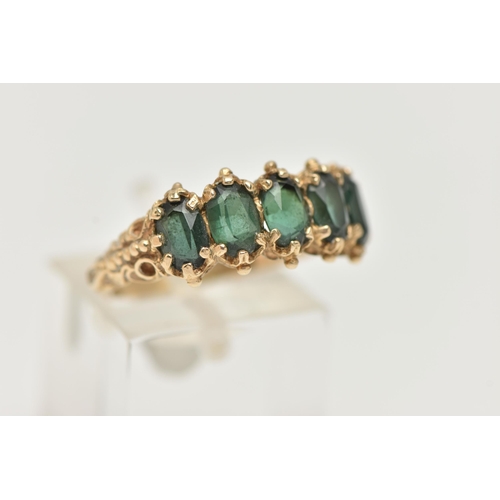 14 - A 9CT GOLD FIVE STONE RING, set with five oval cut green tourmaline, each claw set, applied bead wor... 