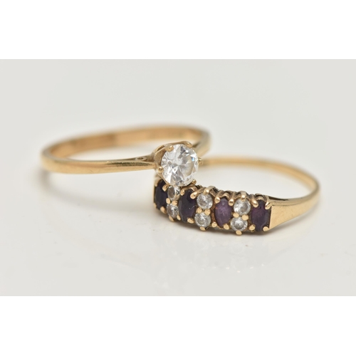 16 - TWO 9CT GOLD, GEM SET RINGS, the first a single cubic zirconia ring, claw set, pinched shoulders lea... 