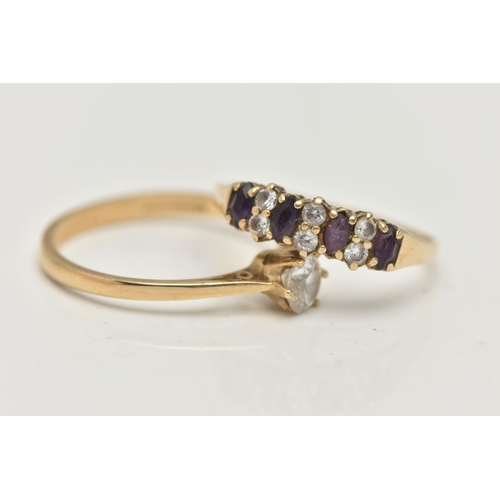 16 - TWO 9CT GOLD, GEM SET RINGS, the first a single cubic zirconia ring, claw set, pinched shoulders lea... 