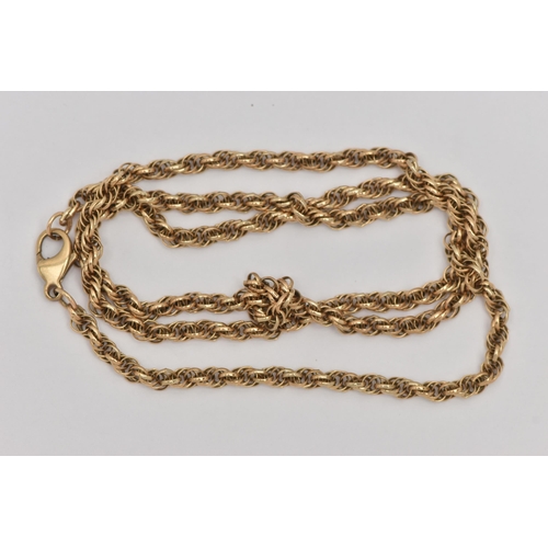 21 - A 9CT GOLD ROPE TWIST CHAIN, fitted with a lobster clasp, hallmarked 9ct Birmingham, length 450mm, a... 