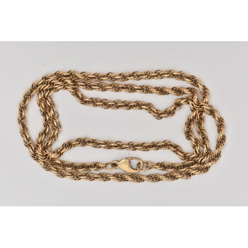 21 - A 9CT GOLD ROPE TWIST CHAIN, fitted with a lobster clasp, hallmarked 9ct Birmingham, length 450mm, a... 