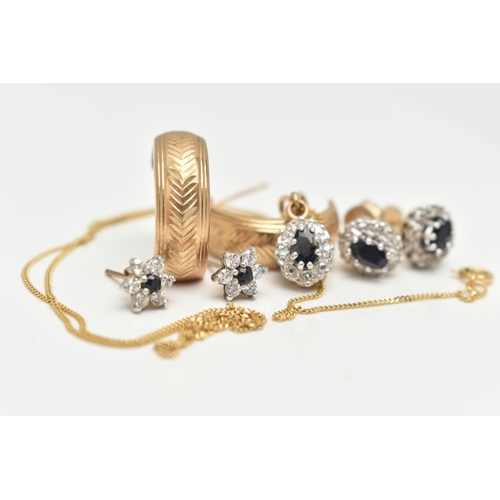 27 - ASSORTED JEWELLERY ITEMS, to include a pair of 9ct gold oval sapphire and diamond cluster stud earri... 