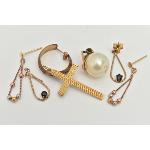 33 - A SMALL ASSORTMENT OF YELLOW METAL JEWELLERY, to include two pairs of earrings, a single hoop earrin... 