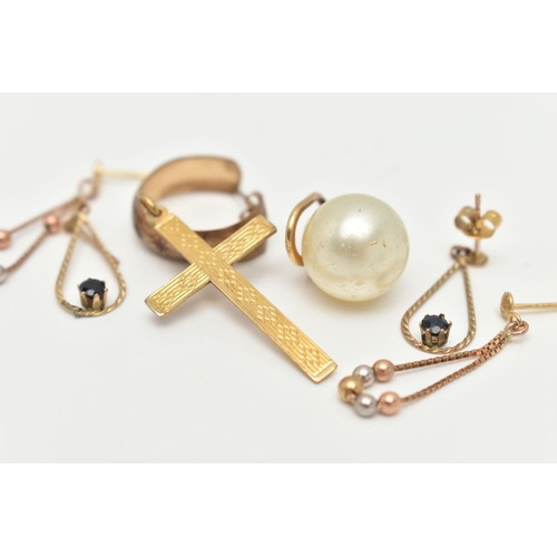 33 - A SMALL ASSORTMENT OF YELLOW METAL JEWELLERY, to include two pairs of earrings, a single hoop earrin... 