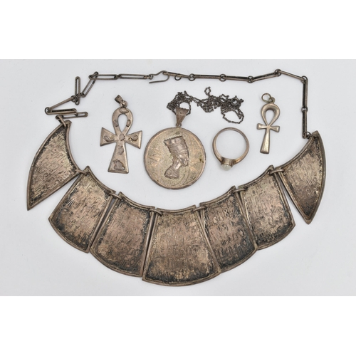 36 - A SMALL ASSORTMENT OF WHITE METAL EGYPTIAN STYLE JEWELLERY, to include a collar style necklace with ... 