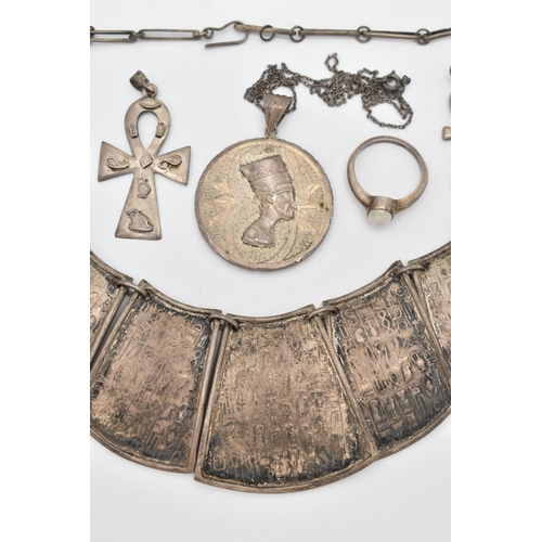 36 - A SMALL ASSORTMENT OF WHITE METAL EGYPTIAN STYLE JEWELLERY, to include a collar style necklace with ... 