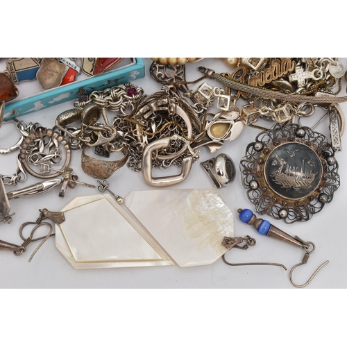 38 - AN ASSORTMENT OF SILVER AND WHITE METAL JEWELLERY, to include pendant necklaces, rings, bracelets, e... 