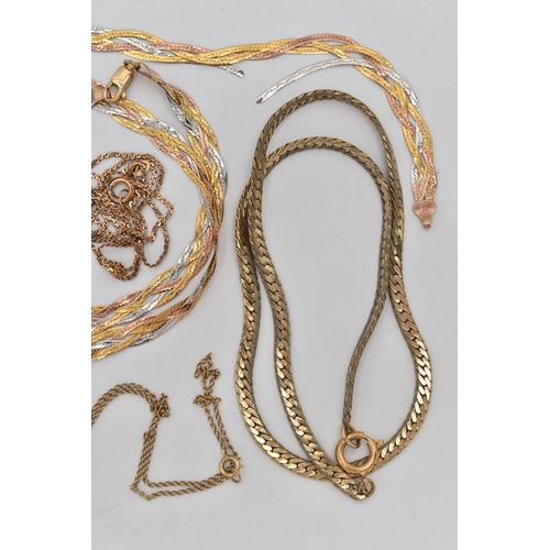 4 - ASSORTED JEWELLERY, to include a 9ct gold tri-colour plait chain, fitted with a lobster clasp, hallm... 