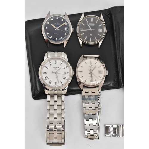 42 - A SELECTION OF WRISTWATCHES AND A WALLET, mainly gents watches, to include three stainless steel 'Sw... 