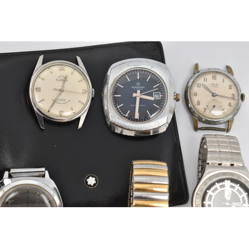 42 - A SELECTION OF WRISTWATCHES AND A WALLET, mainly gents watches, to include three stainless steel 'Sw... 