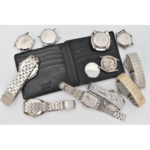 42 - A SELECTION OF WRISTWATCHES AND A WALLET, mainly gents watches, to include three stainless steel 'Sw... 