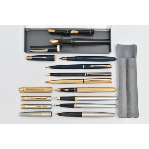 44 - A SELECTION OF PENS, to include a Sheaffer fountain pen with 14k nib and gold plated engine turned c... 