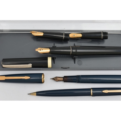 44 - A SELECTION OF PENS, to include a Sheaffer fountain pen with 14k nib and gold plated engine turned c... 