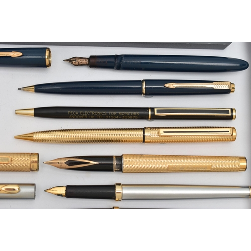 44 - A SELECTION OF PENS, to include a Sheaffer fountain pen with 14k nib and gold plated engine turned c... 