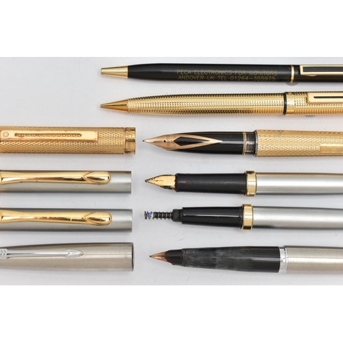 44 - A SELECTION OF PENS, to include a Sheaffer fountain pen with 14k nib and gold plated engine turned c... 