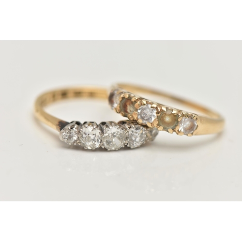 46 - TWO GOLD GEM SET RINGS, the first an 18ct gold five stone diamond ring, claw set with old cut diamon... 