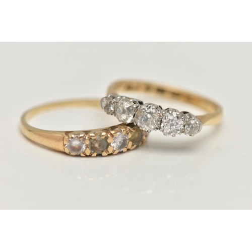 46 - TWO GOLD GEM SET RINGS, the first an 18ct gold five stone diamond ring, claw set with old cut diamon... 