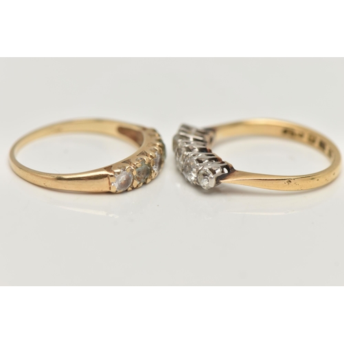 46 - TWO GOLD GEM SET RINGS, the first an 18ct gold five stone diamond ring, claw set with old cut diamon... 